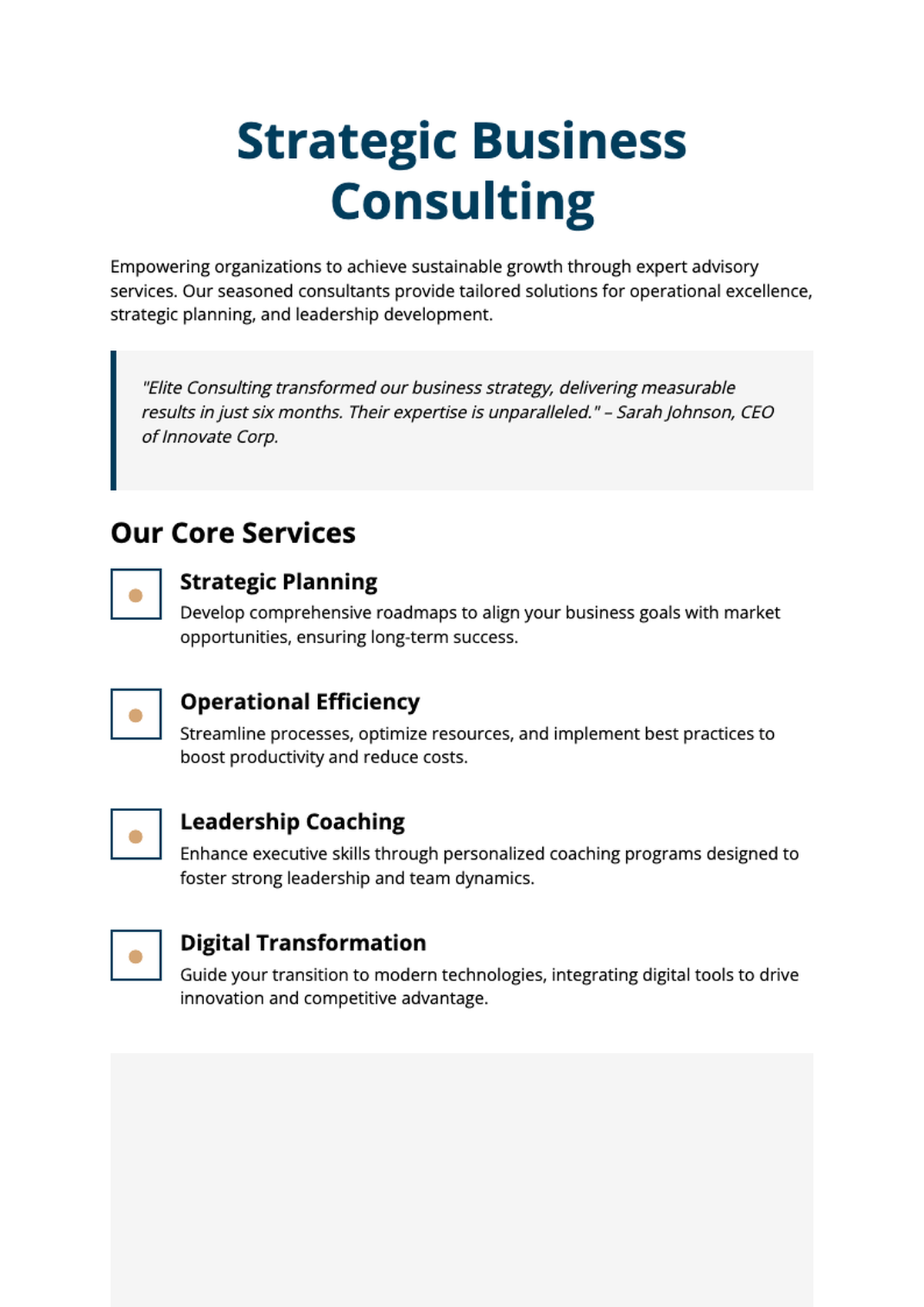 One Page Consultant Services Pamphlet Template with ACBS Agency Features and Contact Info_variant_1